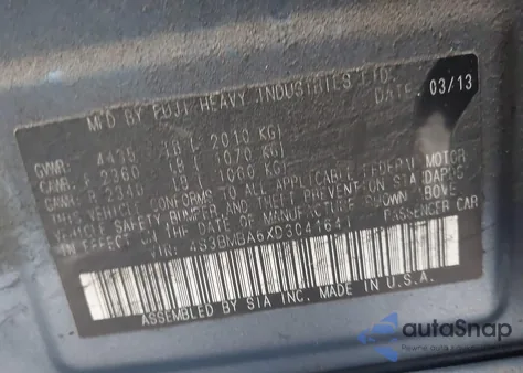 2013 Subaru Legacy 2.5I z USA, uszkodzony, nr VIN 4S3BMBA6XD3041641